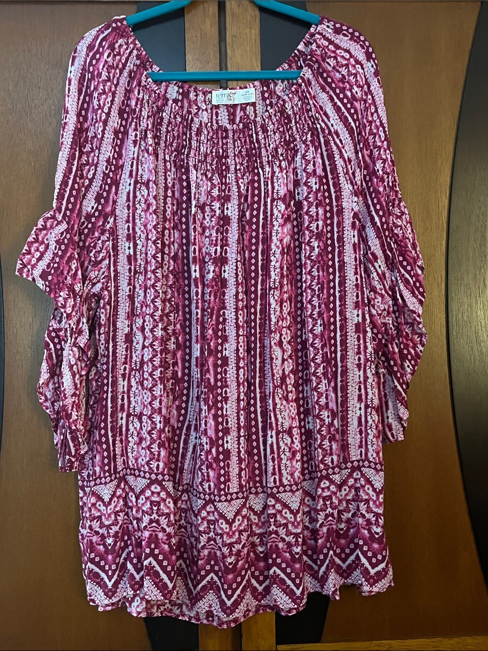 Terra & Sky Fuchsia & Pink Print Boho Tunic Top w/Smocked Neck & Ruffle Sleeves